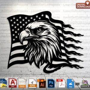 Puede incluir: Silueta en blanco y negro de un águila calva con la cabeza girada hacia la derecha, con la bandera estadounidense drapeada sobre su cabeza y cuello. La bandera ondea al viento.