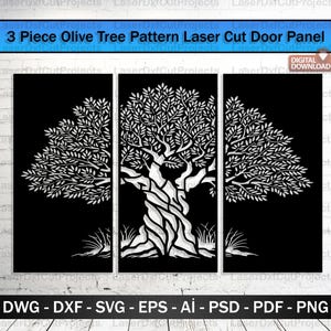 Puede incluir: Un diseño de corte láser de tres paneles con un patrón de olivo. El árbol blanco, con hojas detalladas y un tronco retorcido, se presenta sobre un fondo negro. El diseño incluye el texto "3 Piece Olive Tree Pattern Laser Cut Door Panel".