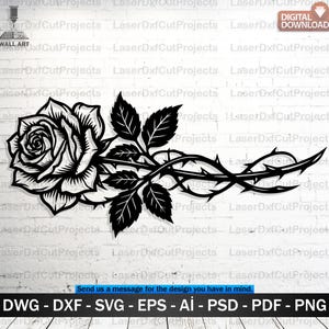 Pode incluir: Arte de parede cortada a laser em preto e branco com uma rosa detalhada com folhas e espinhos. O design inclui o texto "LaserDxfCutProjects" e opções de formato de arquivo: DWG, DXF, SVG, EPS, AI, PSD, PDF e PNG.