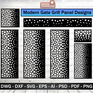 Puede incluir: Diseños de paneles de rejilla de puerta cortados con láser en negro con un patrón geométrico moderno. La imagen incluye varias formas y tamaños de paneles, el texto "Modern Gate Grill Panel Designs" y opciones de formato de archivo.