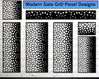 Può includere: Design di pannelli per cancelli tagliati al laser neri con un motivo geometrico moderno. L'immagine include varie forme e dimensioni dei pannelli, il testo "Modern Gate Grill Panel Designs" e le opzioni di formato file.