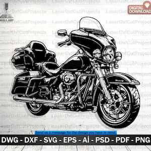Peut inclure: Illustration en noir et blanc d'une moto de tourisme. Elle présente une moto détaillée avec un pare-brise, des sacoches et des composants du moteur. Le texte "TÉLÉCHARGEMENT NUMÉRIQUE" et les formats de fichiers DWG, DXF, SVG, EPS, AI, PSD, PDF, PNG sont inclus.