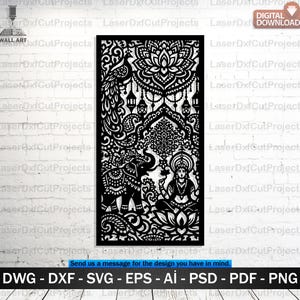 May include: Black laser-cut wall art featuring an intricate design with a peacock, lotus flower, elephant, and a seated figure. The design includes ornate patterns and hanging lanterns. The bottom of the image includes file format options: DWG, DXF, SVG, EPS, AI, PSD, PDF, and PNG.