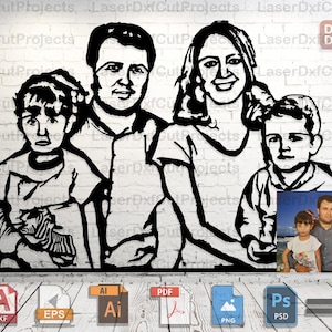 Könnte beinhalten: Schwarz-weiße Silhouette einer vierköpfigen Familie, einer Mutter, eines Vaters und zweier Kinder. Die Familie steht in einer lässigen Pose zusammen. Das Bild ist ein digitaler Download.