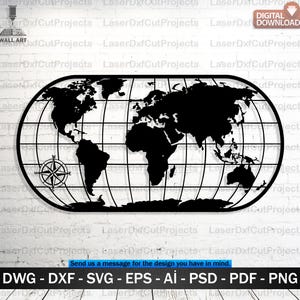 May include: A black metal wall art piece featuring a world map silhouette enclosed in an oval frame with a grid of longitude and latitude lines and a compass rose in the lower left corner. The design is presented as a digital download file.
