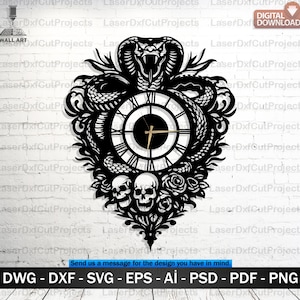 May include: Black metal wall art featuring a clock with Roman numerals, a cobra, skulls, and roses. The design includes the text "DIGITAL DOWNLOAD" and file format options: DWG, DXF, SVG, EPS, AI, PSD, PDF, and PNG.