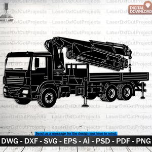 May include: Black and white digital download of a crane truck. The truck features a detailed design of a cab, flatbed, and a large crane arm. The image includes the text "DWG - DXF - SVG - EPS - AI - PSD - PDF - PNG".