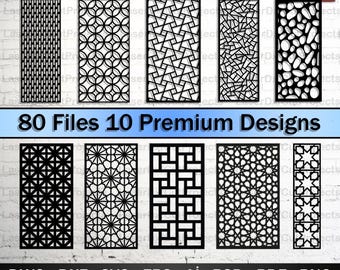 May include: A collection of ten black laser cut designs with intricate patterns, including geometric shapes, stars, and organic forms. The image displays 80 files and is available as a digital download in various file formats.