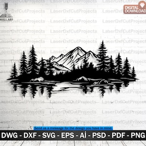 Puede incluir: Arte de pared de metal negro que representa una cordillera, árboles de hoja perenne y su reflejo en un lago. El diseño incluye el texto "DESCARGA DIGITAL" y opciones de formato de archivo: DWG, DXF, SVG, EPS, AI, PSD, PDF y PNG.