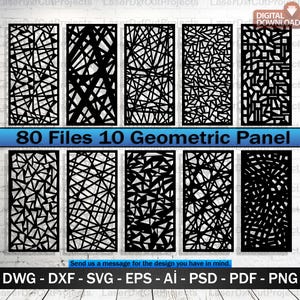 Pode incluir: Uma coleção de 80 arquivos digitais com 10 designs de painéis geométricos distintos em preto. Os painéis retangulares exibem vários padrões complexos de linhas, triângulos e polígonos que se cruzam. O texto inclui 80 Files 10 Geometric Panel.