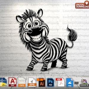 May include: A cartoon zebra in black and white, with a wide, smiling mouth. The zebra has a striped body, a fluffy mane, and a curled tail. The image is a digital download, with various file formats available.