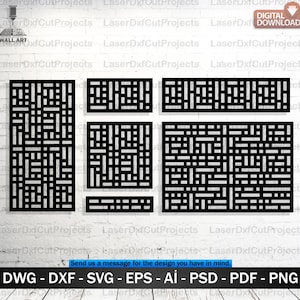 May include: Black laser-cut wall art panels in various rectangular shapes. The panels feature intricate geometric patterns, creating a modern and decorative design. The image includes the text "DIGITAL DOWNLOAD" and file format options: DWG, DXF, SVG, EPS, AI, PSD, PDF, and PNG.