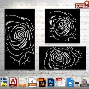 Puede incluir: Un conjunto de tres diseños de rosas cortadas con láser en negro. Los diseños presentan contornos blancos sobre un fondo negro, en un estilo moderno. La imagen incluye iconos de formatos de archivo para descarga digital.