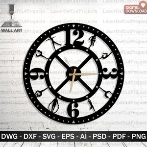 May include: Black metal wall art clock with a circular design. The clock features cut-out silhouettes of gymnasts and Arabic numerals. The clock hands are gold. The bottom of the image includes the text: DWG - DXF - SVG - EPS - AI - PSD - PDF - PNG.
