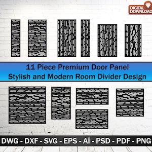 Puede incluir: Juego de paneles de puerta negros cortados con láser con un diseño moderno. El juego incluye 11 piezas, con varias formas rectangulares y verticales. El texto en la imagen dice "11 Piece Premium Door Panel Stylish and Modern Room Divider Design."