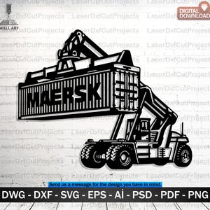 以下が含まれることがあります： フォークリフトで持ち上げられたコンテナの白黒ウォールアート。コンテナには「MAERSK」の文字。デジタルダウンロード、ファイル形式：DWG、DXF、SVG、EPS、AI、PSD、PDF、PNG。