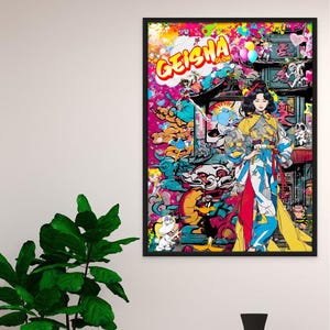 芸者の輝きポスタープリント、グラフィティスタイルと漫画アイコンを使用したモダンなアジアのポップアートの壁装飾、カラフルな日本の都会的なデジタルアートワーク