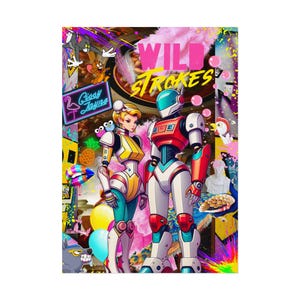 Póster de Wild Strokes, grafiti pop art de pareja de robots retro, decoración de pared en rosa intenso, obra de anime futurista de estilo caricatura.