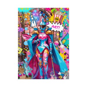 Pop Art Poster Print, Futuristic Female Knight Artwork, Colorful Graffiti Cartoon Wall Decor, Sacred Digital Comic Pop Art Style