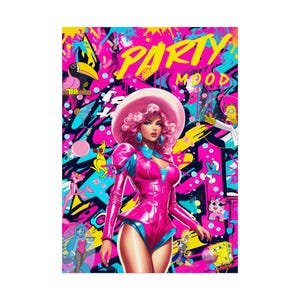 Póster de fiesta con chica pop art de circo en rosa, decoración de pared con grafiti retro y toques de dibujos animados para interiores con una estética atrevida.