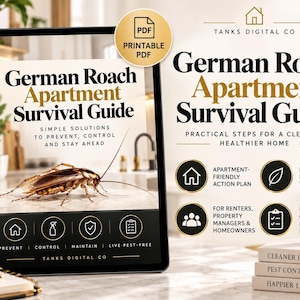 May include: A digital tablet displaying a German Roach Apartment Survival Guide with a cockroach image, alongside text reading TANKS DIGITAL CO, PRACTICAL STEPS FOR A CLEANER, HEALTHIER HOME, and icons for an action plan, prevention, and guidance.