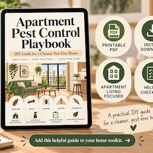 May include: A digital tablet displaying the Apartment Pest Control Playbook, a DIY guide for a cleaner, pest-free home. The screen features illustrations of roaches, ants, spiders, moths, and silverfish, alongside four circular icons for PDF, download, apartment living, and checklists.