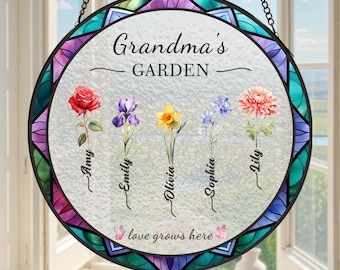 Personalized Grandma's Garden Stained Glass Birth Month Flower Suncatcher
