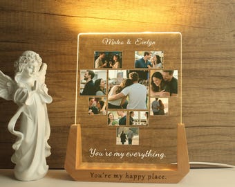 ersonalized Photo Collage Night Light, Custom 10 Photo Acrylic LED Lamp, Engraved Wood Base, Family Picture Gift, Anniversary Keepsake