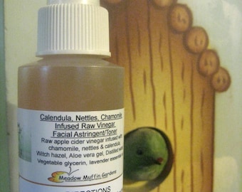 Chamomile, Nettles, Calendula Raw Vinegar Facial Toner/Astringent, Herbal Vinegar, Cleanse, Balance skin pH