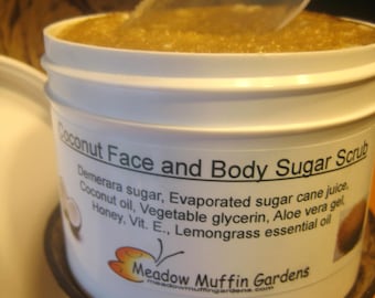 Coconut Sugar Scrub, Face and Body Exfoliation, Raw Sugars, Added Lemongrass Essential Oil