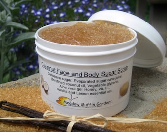 Exfoliante de azúcar sin refinar para rostro y cuerpo con coco y vainilla