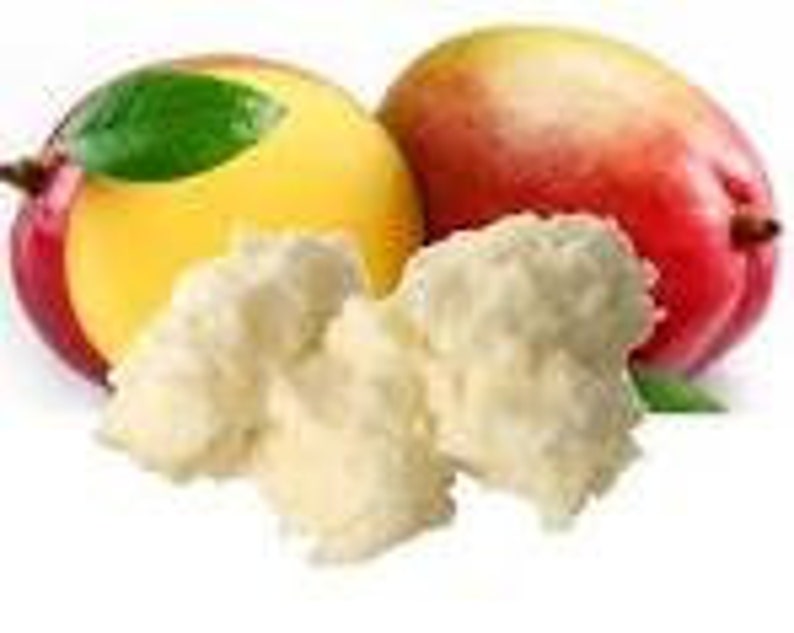 May include: Two ripe mangoes with red and yellow skin, and three pieces of white shea butter.