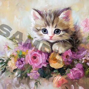 Cartão postal de flor e gatinho fofo - pintura a óleo