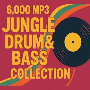 May include: A retro graphic with the text "6,000 MP3 JUNGLE DRUM & BASS COLLECTION" in yellow. A vinyl record graphic is on the right, with a curved rainbow design. The background is a deep red.