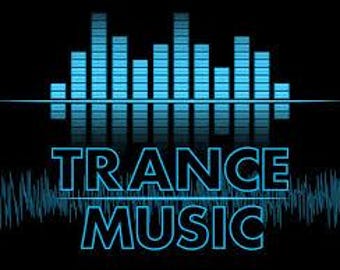 May include: A digital graphic with the words "TRANCE MUSIC" in bright blue, set against a black background. Above the text is a stylized sound wave graphic in shades of blue, resembling an equalizer.