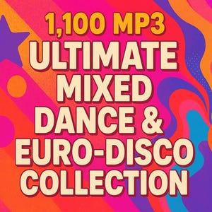 May include: A vibrant graphic with the text "1,100 MP3 ULTIMATE MIXED DANCE & EURO-DISCO COLLECTION." The design features a colorful background with stars and swirling lines in shades of pink, orange, and purple.