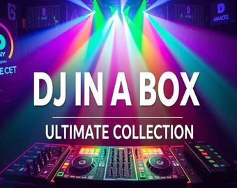May include: Image of a DJ setup with the text "DJ IN A BOX ULTIMATE COLLECTION" in white. The image has a colorful background with spotlights and a DJ mixer and controller.