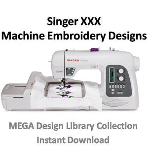 Peut inclure: Machine à broder Singer blanche avec un motif floral sur le cerceau. La machine possède un écran numérique et plusieurs boutons. MEGA Design Library Collection Téléchargement instantané.