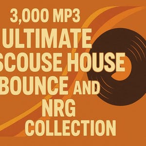 Puede incluir: Fondo naranja con el texto "3,000 MP3 ULTIMATE SCOUSE HOUSE BOUNCE AND NRG COLLECTION" en negrita, color blanco roto. Un gráfico de disco de vinilo marrón está a la derecha, con líneas curvas naranjas y amarillas.