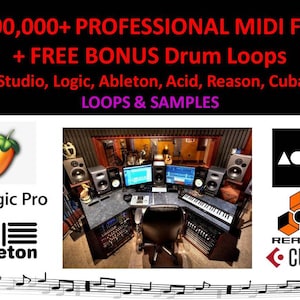 Può includere: Uno schermo di computer che mostra un'interfaccia software di produzione musicale. Lo schermo è circondato da apparecchiature di produzione musicale, tra cui una tastiera, un mixer e altoparlanti. Il testo sullo schermo dice "Logic Pro" e "ableton". Il testo sull'immagine dice "1.000.000+ FILE MIDI PROFESSIONALI + LOOP DI BATTERIA BONUS GRATUITO FL Studio, Logic, Ableton, Acid, Reason, Cubase LOOP & CAMPIONI REASON CUBASE"