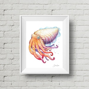 Cuttlefish : art print colorful cuttlefish watercolor painting (Add Custom Text / Change Colors - optional)