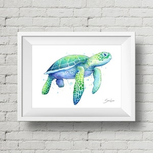 Green Sea Turtle : art print watercolor sea turtle painting (Add Custom Text / Change Colors - optional)