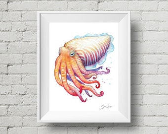 Cuttlefish : art print colorful cuttlefish watercolor painting (Add Custom Text / Change Colors - optional)