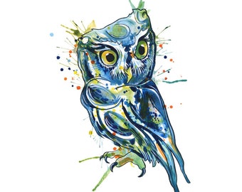 Blue Owl - Original watercolor painting