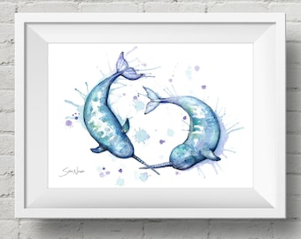 Playful Narwhals 1 : art print, watercolor narwhal whale painting (Add Custom Text / Change Colors - optional)