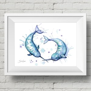 Playful Narwhals 1 : art print, watercolor narwhal whale painting