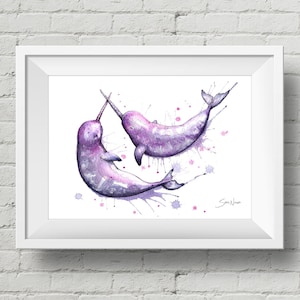 Playful Narwhals 2 : art print watercolor narwhal painting