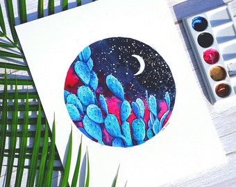 Moonlight Cactus - Original watercolor prickly pear cactus celestial painting