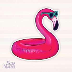 May include: A pink inflatable flamingo pool float with a white outline and teal sunglasses. The flamingo is wearing sunglasses and has a black beak.