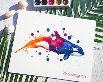 Orca Whale - Original watercolor rainbow killer whale painting